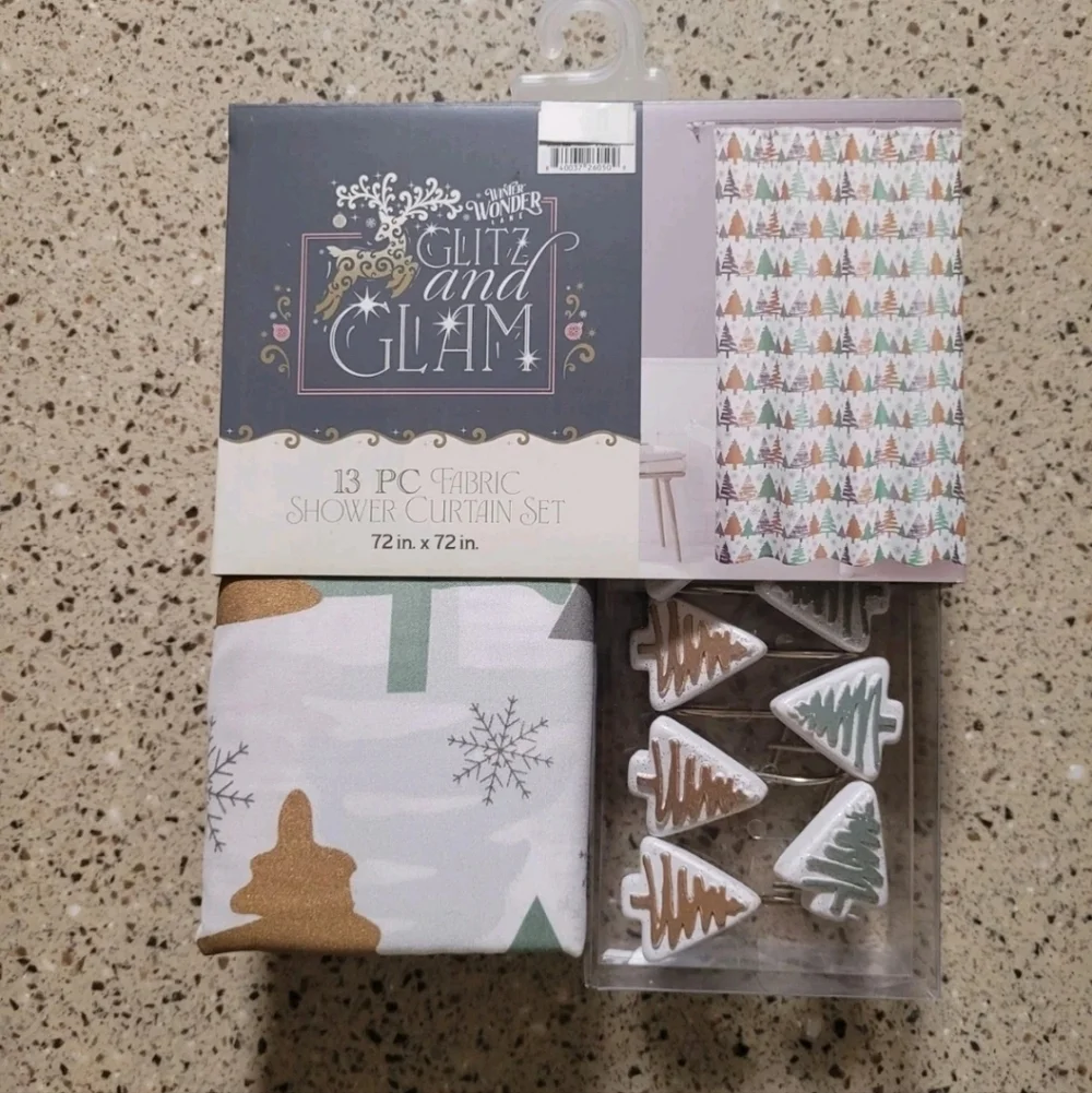 13 Pc Christmas Fabric Shower Curtain Set 72x72 Inch & Christmas Tree Hooks NEW